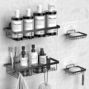 4 Pack Self Adhesive Shower Shelves,Shower Caddy Organizer Rack with 23 Hooks for Hanging Shampoo Conditioner,Rust-Proof 304 Stainless Steel Shower Storage Organization for Bathroom(Black)