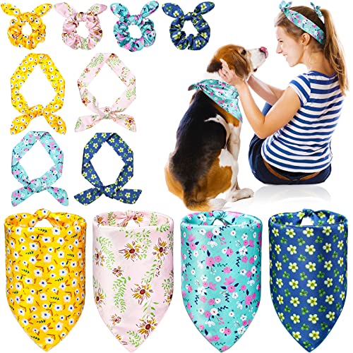 12 Pack Dog Bandana and Matching Scrunchie Set, Including 4 Flower Dog Scarf Bibs 4 Summer Bow Hair Ties 4 Neckerchief Dog and Owner Matching Clothes Outfits for Small Puppy Dog and Pet Owner Gift