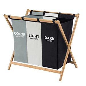 3-bag laundry cloth hamper sorter, 143l laundry organizer cart,storage laundry bag for dirty clothes bag-everyday use, bathroom, bedroom,foldable 3 sections with wood frame 29" x 25" x 18"