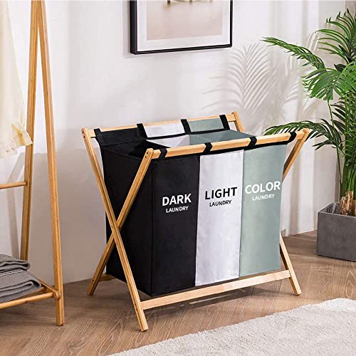 3-bag Laundry Cloth Hamper Sorter, 143l Laundry Organizer Cart,storage Laundry Bag for Dirty Clothes Bag-everyday Use, Bathroom, Bedroom,foldable 3 Sections with Wood Frame 29" X 25" X 18"