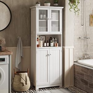 tiptiper tall storage cabinet with with glass doors & adjustable shelves, large linen cabinet closet for bathroom, kitchen, 11.8" d x 23.6" w x 64" h, white