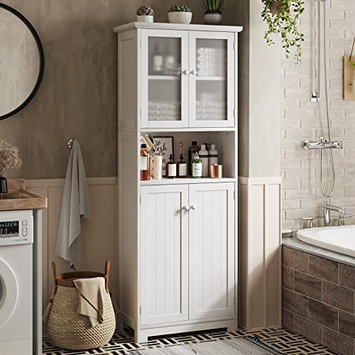 Tiptiper Tall Storage Cabinet with with Glass Doors & Adjustable Shelves, Large Linen Cabinet Closet for Bathroom, Kitchen, 11.8" D x 23.6" W x 64" H, White