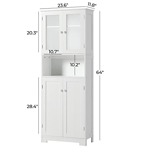 Tiptiper Tall Storage Cabinet with with Glass Doors & Adjustable Shelves, Large Linen Cabinet Closet for Bathroom, Kitchen, 11.8" D x 23.6" W x 64" H, White