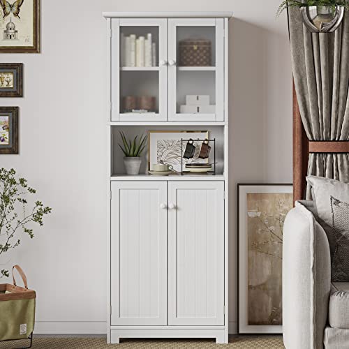 Tiptiper Tall Storage Cabinet with with Glass Doors & Adjustable Shelves, Large Linen Cabinet Closet for Bathroom, Kitchen, 11.8" D x 23.6" W x 64" H, White