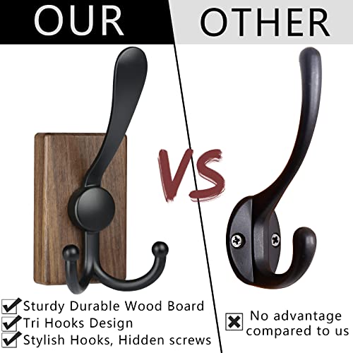 WYTAOHZL 3PCS Coat Hooks Wall Mounted Tri Hooks Wall Coat Rack Large Matte Metal Black Coat Hooks for Wall Heavy Duty Walnut Coat Rack Hooks with 3 Hooks for Coat Hat Towel Mudroom Bathroom Entryway