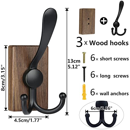 WYTAOHZL 3PCS Coat Hooks Wall Mounted Tri Hooks Wall Coat Rack Large Matte Metal Black Coat Hooks for Wall Heavy Duty Walnut Coat Rack Hooks with 3 Hooks for Coat Hat Towel Mudroom Bathroom Entryway