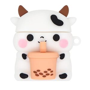 Mouzor Cute Airpods Case, Airpods 2 Case, Boba Tea Cow Funny 3D Cartoon Animal Case, Soft PVC Full Protection Shockproof Charging Case Cover with Carabiner for Airpods 1st Generation, 2nd Generation