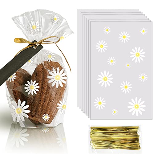 100Pcs Daisy Candy Bags Gusseted Cellophane Bags (Size 5.9"x9"x2"）With Gold Twist Ties, Best Gusset Bag for Presenting Packaged Treats, Candys, Cookies Gift Bags