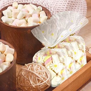 100Pcs Daisy Candy Bags Gusseted Cellophane Bags (Size 5.9"x9"x2"）With Gold Twist Ties, Best Gusset Bag for Presenting Packaged Treats, Candys, Cookies Gift Bags