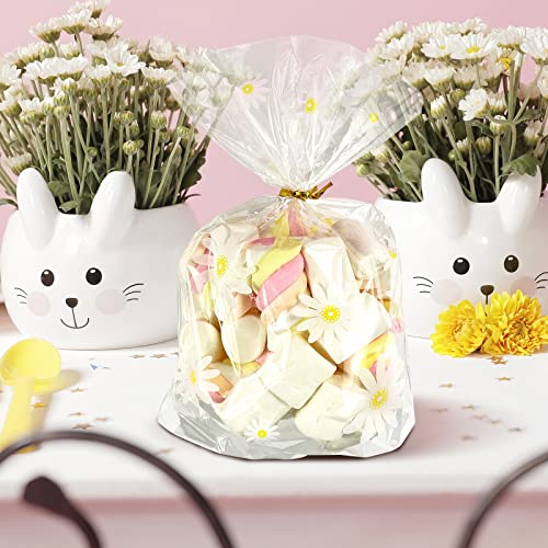 100Pcs Daisy Candy Bags Gusseted Cellophane Bags (Size 5.9"x9"x2"）With Gold Twist Ties, Best Gusset Bag for Presenting Packaged Treats, Candys, Cookies Gift Bags