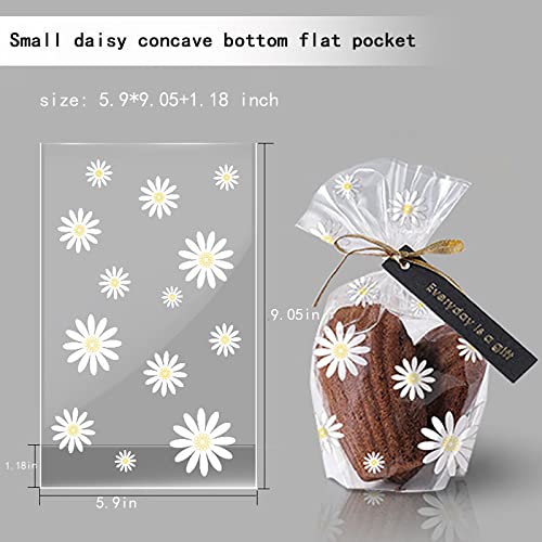 100Pcs Daisy Candy Bags Gusseted Cellophane Bags (Size 5.9"x9"x2"）With Gold Twist Ties, Best Gusset Bag for Presenting Packaged Treats, Candys, Cookies Gift Bags