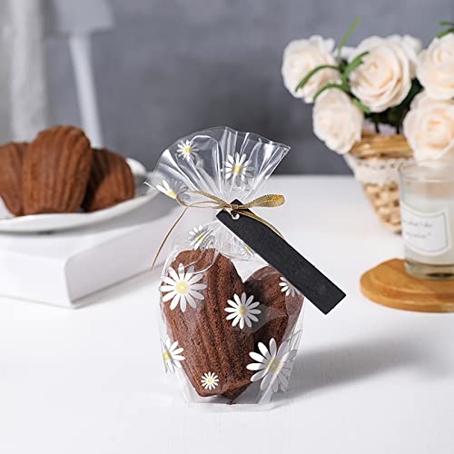 100Pcs Daisy Candy Bags Gusseted Cellophane Bags (Size 5.9"x9"x2"）With Gold Twist Ties, Best Gusset Bag for Presenting Packaged Treats, Candys, Cookies Gift Bags