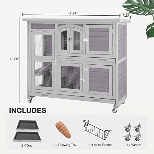 MEDEHOO Two-Story Rabbit Hutch with Wheels Guinea Pig Cage Indoor Outdoor Bunny Cage with 2 Deep Leakproof Tray