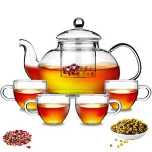 kyraton glass tea pot with 4 tea cups, removable infuser, blooming and loose leaf tea maker and teacups set, stovetop microwave safe tea kettle