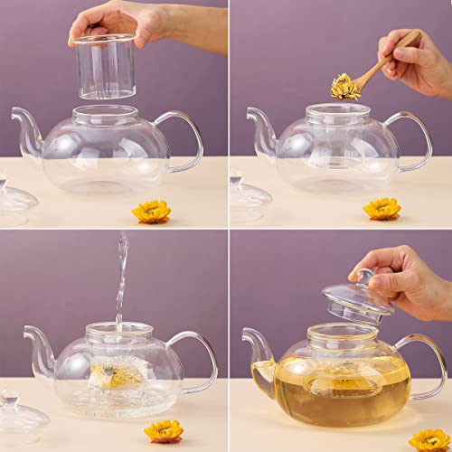 Kyraton Glass Tea Pot with 4 Tea Cups, Removable Infuser, Blooming and Loose Leaf Tea Maker and Teacups Set, Stovetop Microwave Safe Tea Kettle