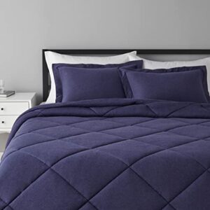 amazon basics cotton blend jersey knit comforter set, full/queen, navy blue