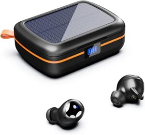 solar powered wireless earbuds, bluetooth headphones with charging box and solar panels, built-in microphone earphones sport waterproof touch control in ear for iphone, ipad, android (black)