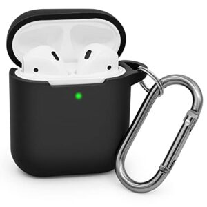 mouzor for new upgraded airpods case, airpods 2 case, premium soft silicone one piece design full body protective case cover skin with carabiner for airpods 1st/ 2nd generation, black