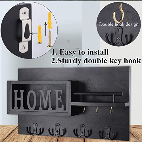 WYTAOHZL Key Holder for Wall Mail Organizer Shelf 4 Double Key Hooks Decorative Black Key and Mail Rack Mail Key Holder for Wall Metal Home Stylish Design 14.6"x8.7"x2.6"