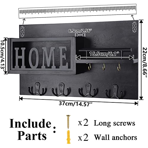 WYTAOHZL Key Holder for Wall Mail Organizer Shelf 4 Double Key Hooks Decorative Black Key and Mail Rack Mail Key Holder for Wall Metal Home Stylish Design 14.6"x8.7"x2.6"