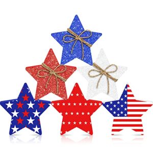 6pcs 4th of july patriotic wooden glitter star signs table decor- 4th of july decorations- patriotic party rustic farmhouse wooden block signs for tabletop centerpiece tiered tray mantle home office