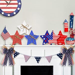 6Pcs 4th of July Patriotic Wooden Glitter Star Signs Table Decor- 4th of July Decorations- Patriotic Party Rustic Farmhouse Wooden Block Signs for Tabletop Centerpiece Tiered Tray Mantle Home Office