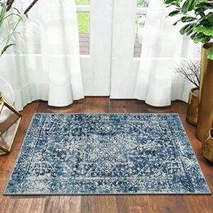 morebes persian vintage area rug 2x3, washable small indoor door mat traditional medallion entryway rug,non-slip non-shedding kitchen sink throw carpet for bathroom laundry entrance,deep blue