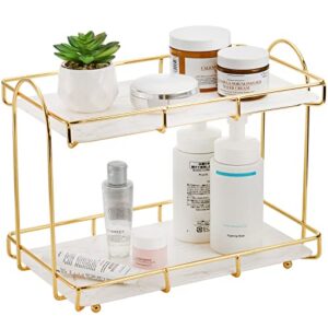 hacaroa bathroom countertop organizer with marbling tray, 2 tier makeup organizer wire vanity tray, cosmetic storage shelf counter standing rack for kitchen, dresser, perfume, skincare, gold