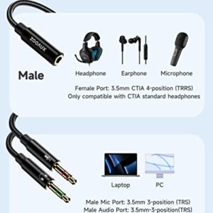 ZOOAUX Headphone Splitter Mic Cable for Computer, 3.5mm Headphone Mic Stereo Y Splitter, Headset 3.5mm Female to 2 Dual Male Microphone Audio Jack Stereo Jack to Gaming Speaker PC Adapter