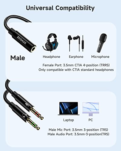 ZOOAUX Headphone Splitter Mic Cable for Computer, 3.5mm Headphone Mic Stereo Y Splitter, Headset 3.5mm Female to 2 Dual Male Microphone Audio Jack Stereo Jack to Gaming Speaker PC Adapter