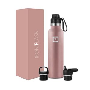 iron °flask sports water bottle - 24 oz, 3 lids (spout lid), leak proof, vacuum insulated stainless steel, hot cold, double walled, thermo mug, standard metal canteen - rose gold