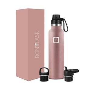 IRON °FLASK Sports Water Bottle - 24 Oz, 3 Lids (Spout Lid), Leak Proof, Vacuum Insulated Stainless Steel, Hot Cold, Double Walled, Thermo Mug, Standard Metal Canteen - Rose Gold