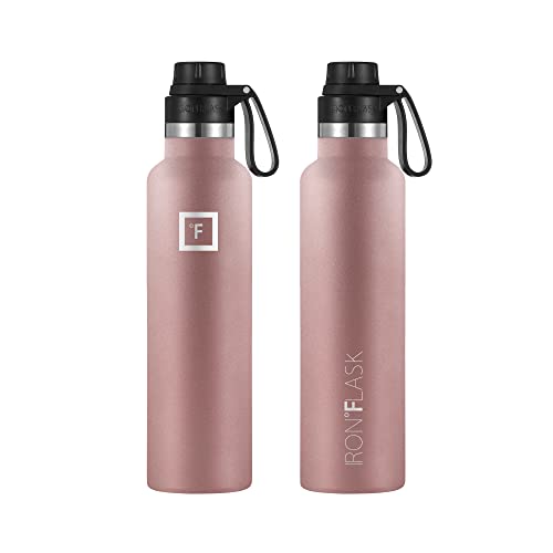 IRON °FLASK Sports Water Bottle - 24 Oz, 3 Lids (Spout Lid), Leak Proof, Vacuum Insulated Stainless Steel, Hot Cold, Double Walled, Thermo Mug, Standard Metal Canteen - Rose Gold