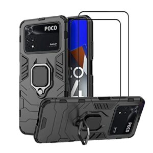 compatible for xiaomi poco m4 pro 4g kickstand case with tempered glass screen protector [2 pieces], hybrid heavy duty armor dual layer anti-scratch case cover, black
