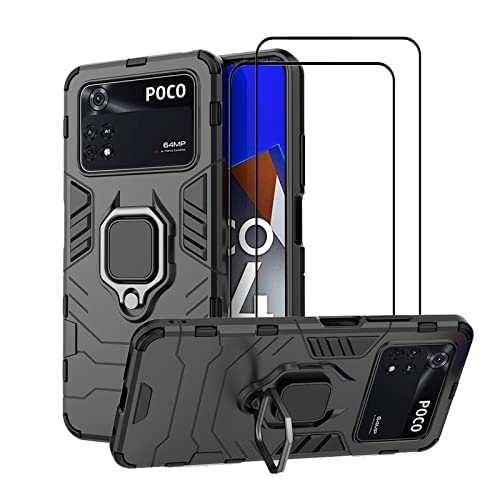 Compatible for Xiaomi Poco M4 Pro 4G Kickstand Case with Tempered Glass Screen Protector [2 Pieces], Hybrid Heavy Duty Armor Dual Layer Anti-Scratch Case Cover, Black