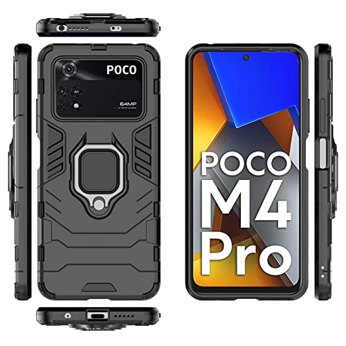 Compatible for Xiaomi Poco M4 Pro 4G Kickstand Case with Tempered Glass Screen Protector [2 Pieces], Hybrid Heavy Duty Armor Dual Layer Anti-Scratch Case Cover, Black