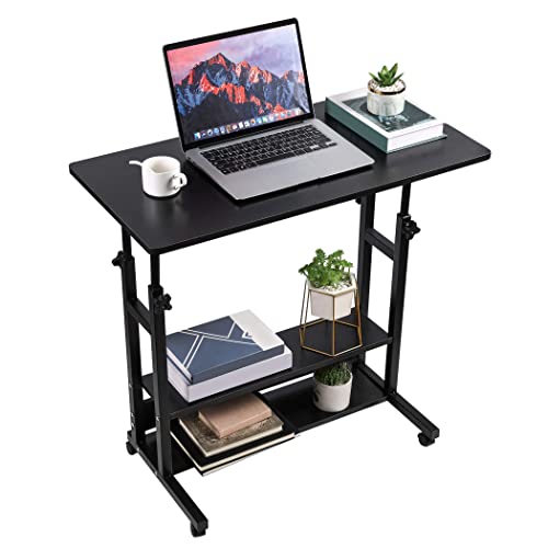 Computer Desk Home Office Desk Standing Adjustable Laptop Storage Desk for Bedroom Modern Workstation Portable Study Table with Wheels (Black)