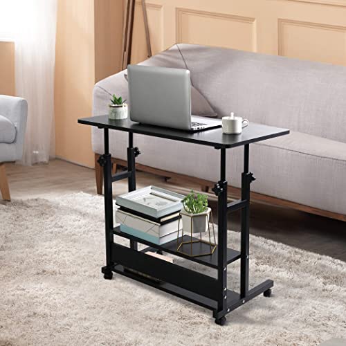 Computer Desk Home Office Desk Standing Adjustable Laptop Storage Desk for Bedroom Modern Workstation Portable Study Table with Wheels (Black)