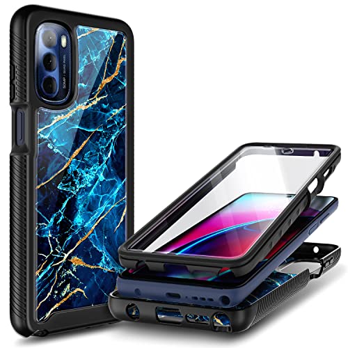 NZND Case for Motorola Moto G Stylus 2022 4G (Not Fit 5G) with [Built-in Screen Protector], Full-Body Protective Shockproof Rugged Bumper Cover, Impact Resist Durable Case (Marble Design Sapphire)