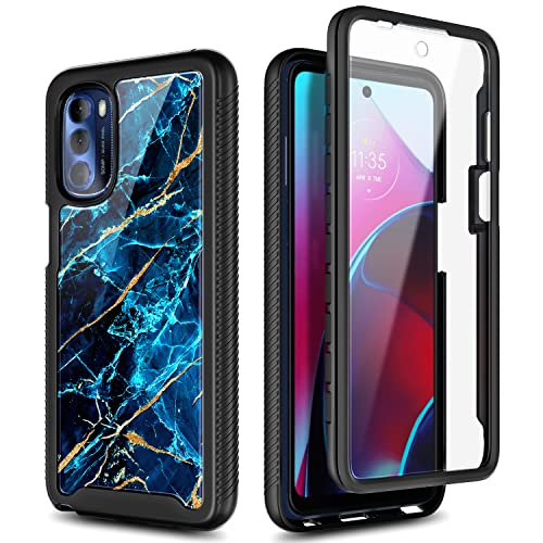 NZND Case for Motorola Moto G Stylus 2022 4G (Not Fit 5G) with [Built-in Screen Protector], Full-Body Protective Shockproof Rugged Bumper Cover, Impact Resist Durable Case (Marble Design Sapphire)