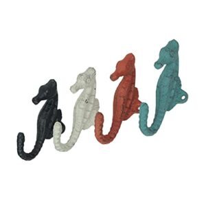 Zeckos Set of 4 Blue, White, and Coral Coastal Cast Iron Seahorse Decorative Wall Hooks Nautical Décor 5 Inches High