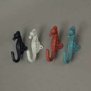 Zeckos Set of 4 Blue, White, and Coral Coastal Cast Iron Seahorse Decorative Wall Hooks Nautical Décor 5 Inches High