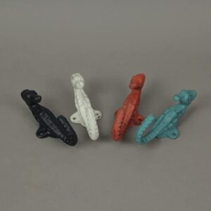 Zeckos Set of 4 Blue, White, and Coral Coastal Cast Iron Seahorse Decorative Wall Hooks Nautical Décor 5 Inches High