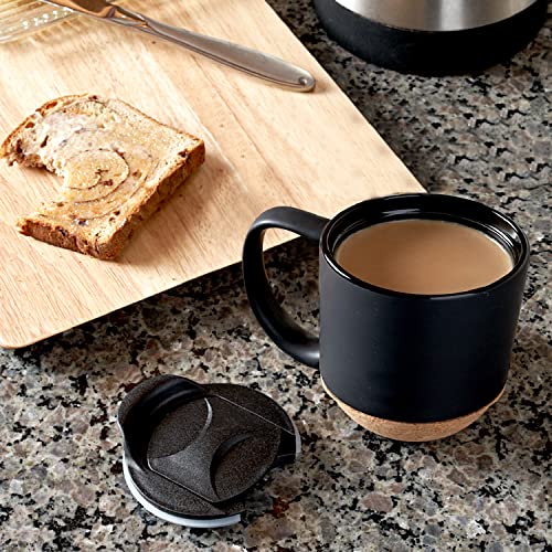 Ceramic Coffee Mug w/Lid and Cork Coaster Base - 12oz Slideproof Coffee Cups w/Handle and Sip and Cover Lid - Set of 2 Dishwasher Safe Ceramic Travel Mugs - Reusable Black Insulated Cup