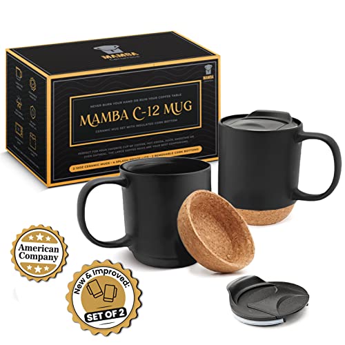 Ceramic Coffee Mug w/Lid and Cork Coaster Base - 12oz Slideproof Coffee Cups w/Handle and Sip and Cover Lid - Set of 2 Dishwasher Safe Ceramic Travel Mugs - Reusable Black Insulated Cup