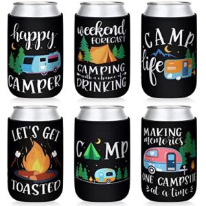 happy camper party can sleeves neoprene soda can beverage for camping picnic outdoor activities supplies set of 6 for camping theme birthday party decoration supplies