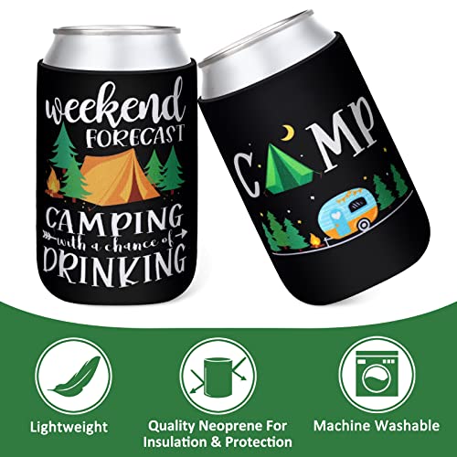 Happy Camper Party Can Sleeves Neoprene Soda Can Beverage for Camping Picnic Outdoor Activities Supplies Set of 6 for Camping Theme Birthday Party Decoration Supplies