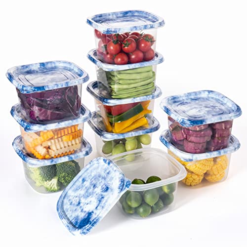 COOK WITH COLOR Containers with Lids - Plastic Food Storage Containers - Meal Prep Containers -10 Lunch Containers with 10 Lids, Airtight Reusable Containers -33.8 Oz / 1 L(Square Blue Tie Dye)