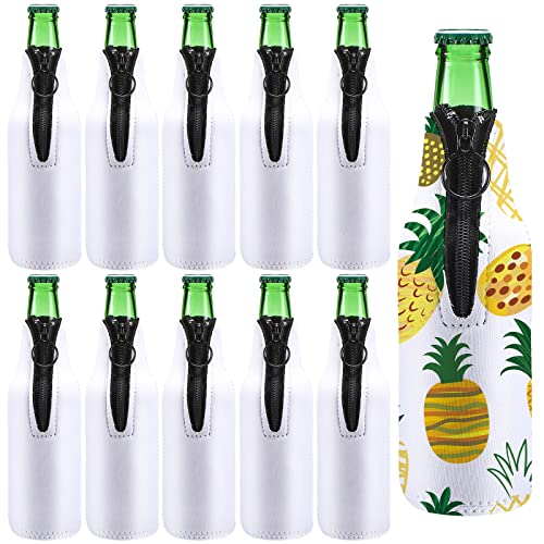 10 Pieces Sublimation Blanks Beer Bottle Cooler Sleeves White Neoprene Sleeve with Zipper Beer Sleeves for Bottles Can Cooler Insulator Glass Bottle Cover Sleeve Neck Beer Holder for 12 oz Bottle