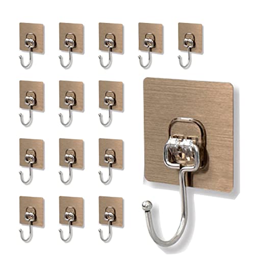 Youdiyla Adhesive Hooks 15 Pack 33lb(Max) Large Transparent Adhesive Wall Hooks, Heavy Duty Self Adhesive Hooks for Kitchens, Bathroom, Reusable Bath Ceiling Hooks (Brushed)